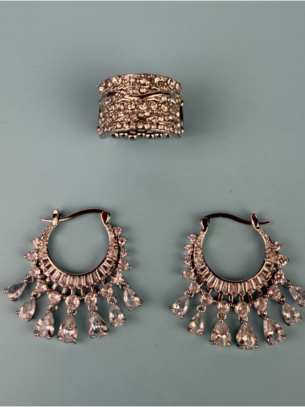 Glam Silver Tone Rhinestone Chandelier Drop Earrings & Wide Stretch Band Ring